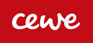 The CEWE logo in white on a red background, symbolizes joy and creativity